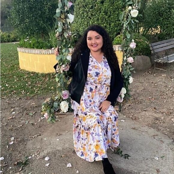 NWT Torrid Midi Dress Floral Tiered Ruffled
Stretch Gold/Purple Size 1 1X 14-16 - Picture 5 of 15